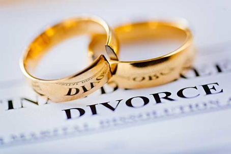 Two wedding rings sitting on a divorce contract.